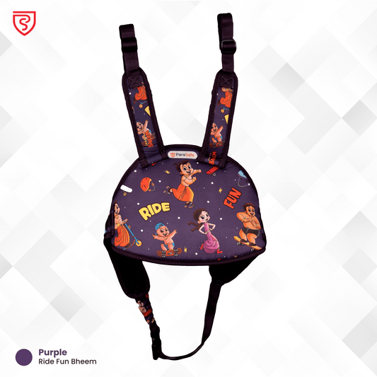 Purple children's safety harness with cartoon characters on a white background