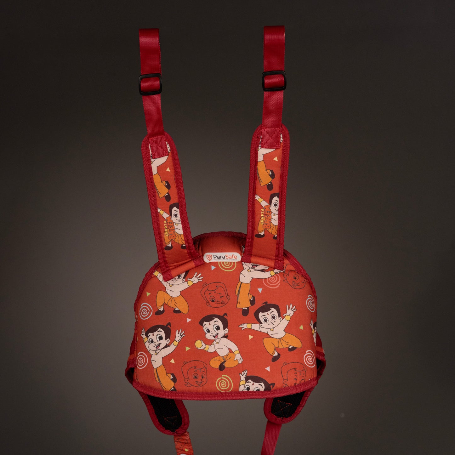 ParaSafe Orange Safety Harness with cartoon character design on a dark gray background