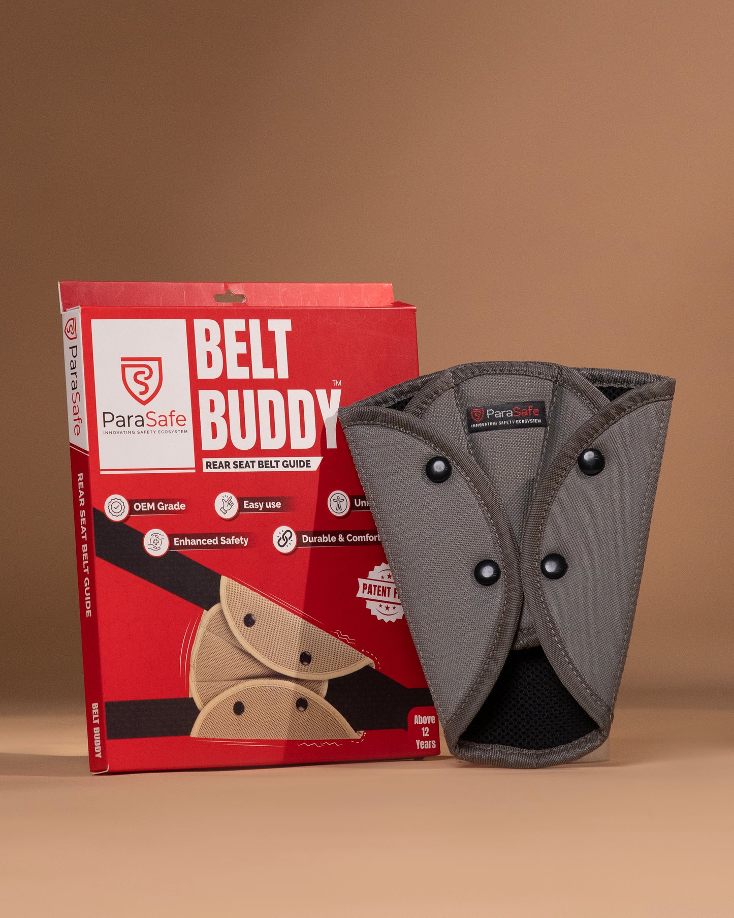 ParaSafe Belt Buddy product Grey with packaging on a brown background