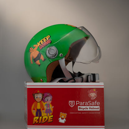 ParaSafe Green bicycle helmet with cartoon designs on a red ParaSafe box