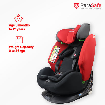 ParaSafe Red and black car seat with ParaSafe branding on a white background