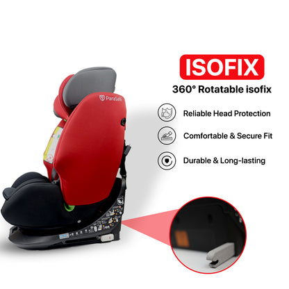 ParaSafe Red and black car seat with ISOFIX, Long-lasting and 360 degree rotation technology on a white background