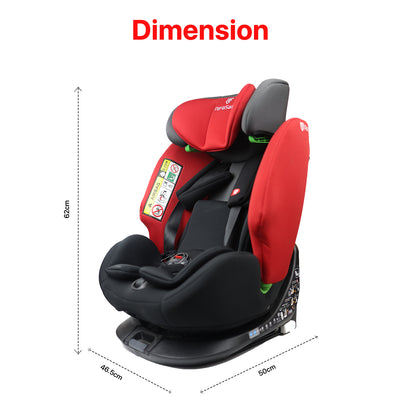 ParaSafe Red and black car seat with dimensions labeled on a white background