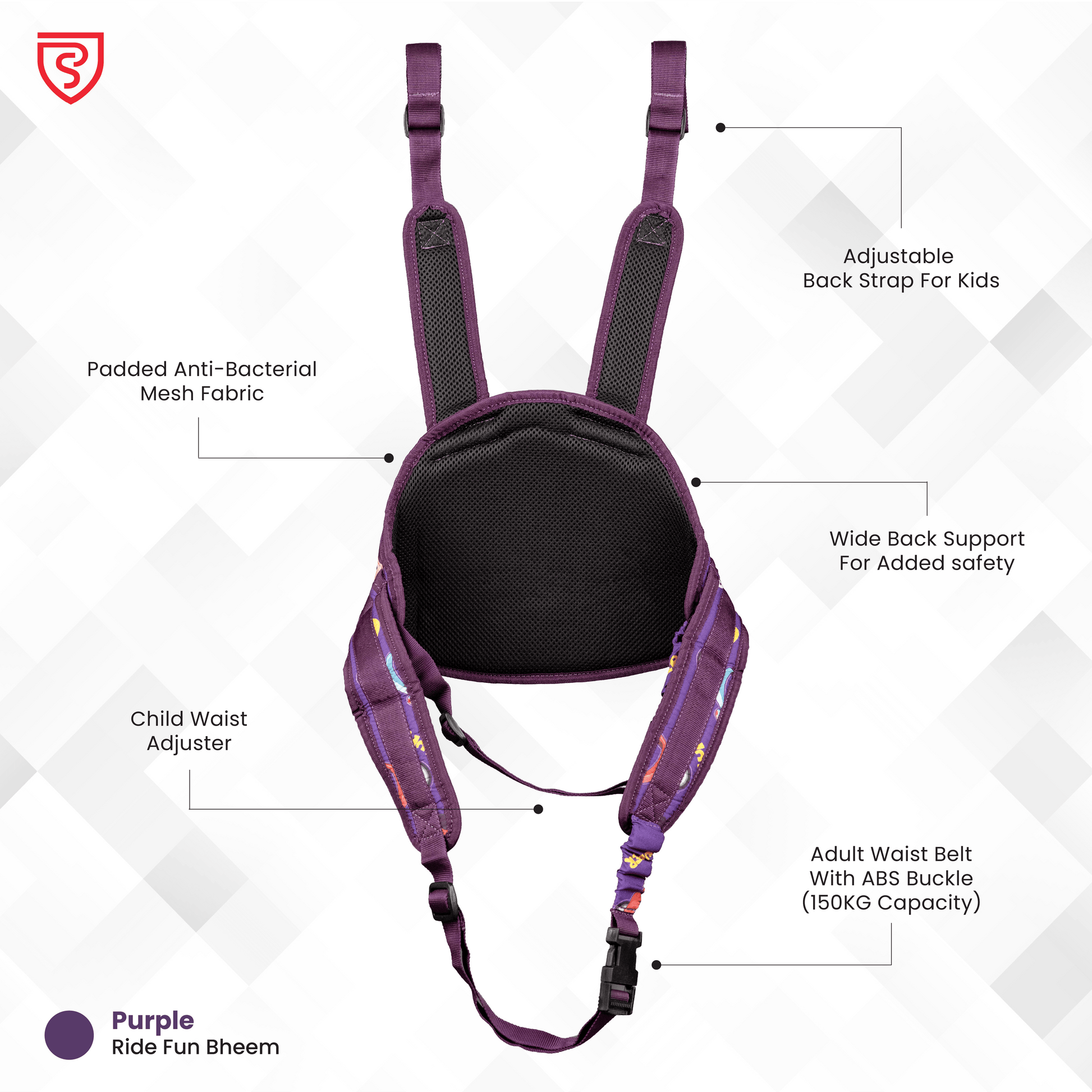 ParaSafe Purple child safety harness with features highlighted on a white background