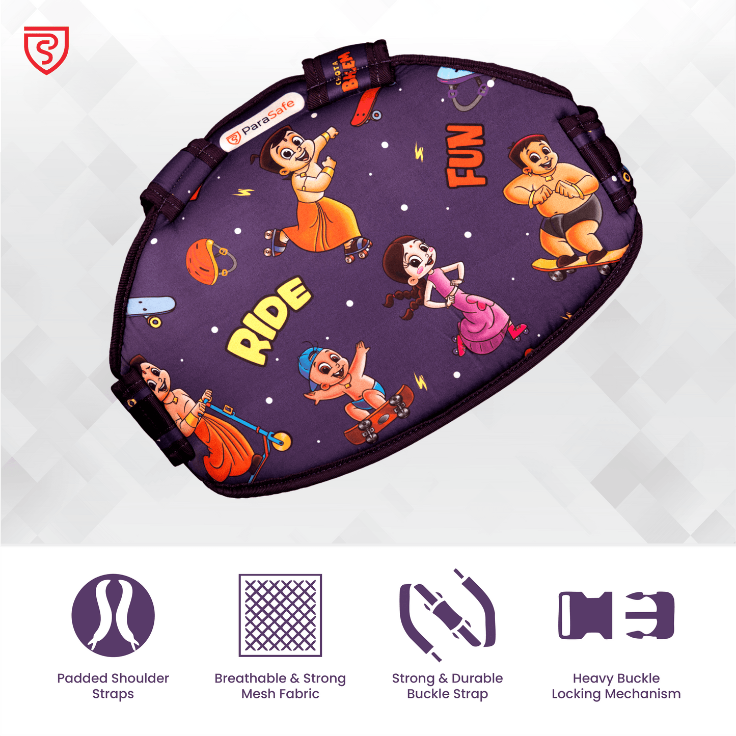 ParaSafe Purple Children's safety harness with cartoon characters on a background, featuring Padded Shoulder Straps, Breathable & Strong Mesh Fabric, Strong & Durable Buckle Strap, and Heavy Buckle Locking Mechanism icons.