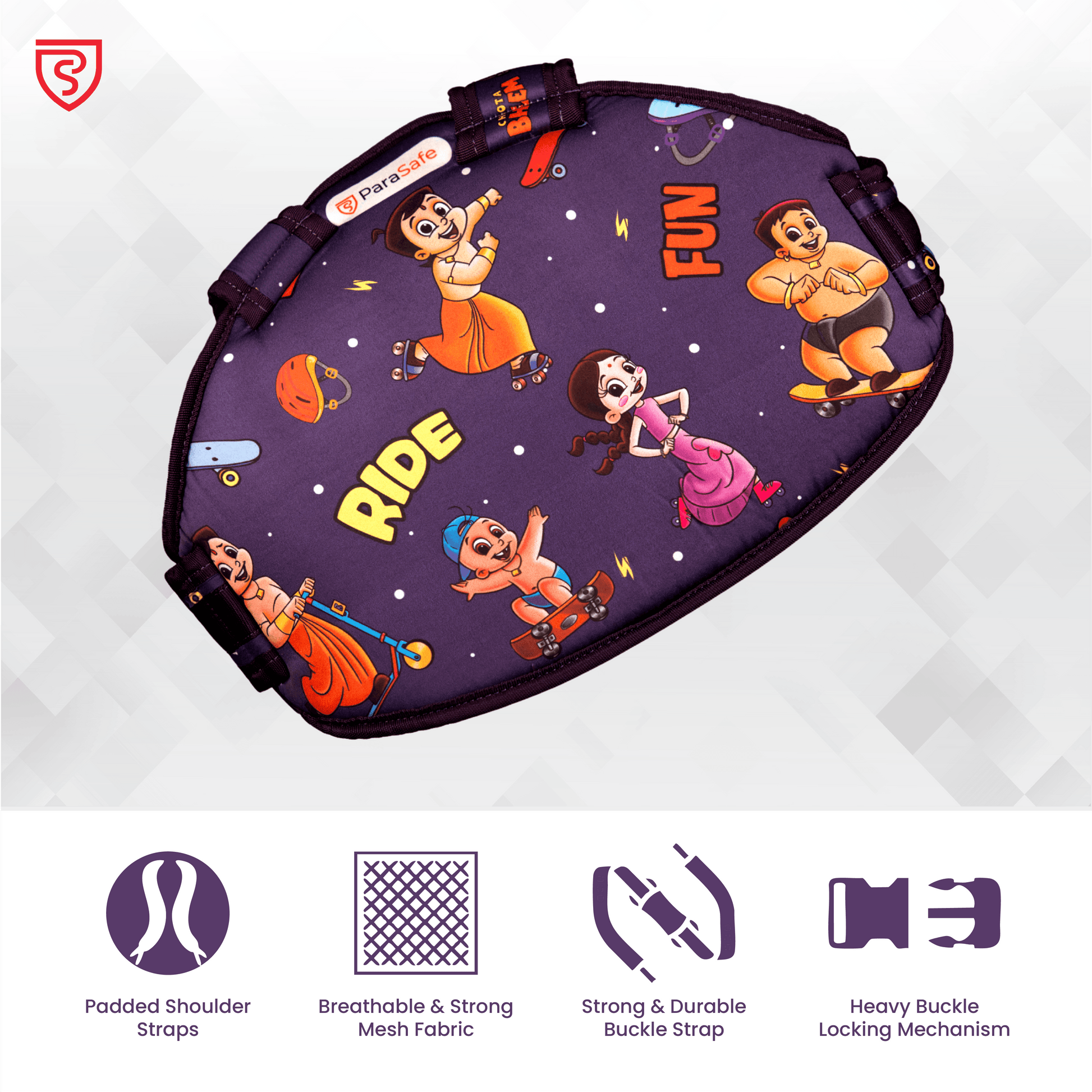 ParaSafe Purple Children's safety harness with cartoon characters on a background, featuring Padded Shoulder Straps, Breathable & Strong Mesh Fabric, Strong & Durable Buckle Strap, and Heavy Buckle Locking Mechanism icons.