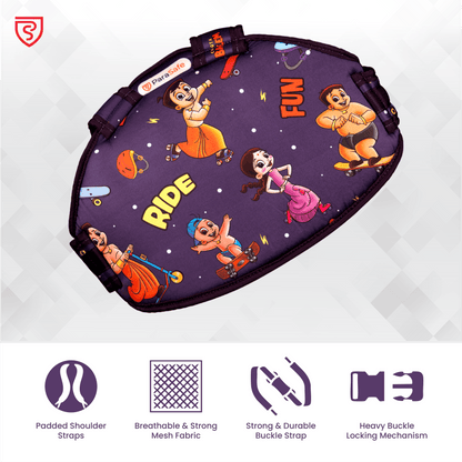 ParaSafe Purple Children's safety harness with cartoon characters on a background, featuring Padded Shoulder Straps, Breathable & Strong Mesh Fabric, Strong & Durable Buckle Strap, and Heavy Buckle Locking Mechanism icons.
