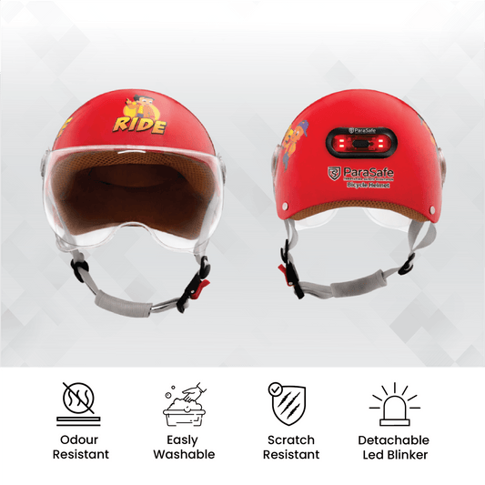 Two red helmets with safety features on a white background