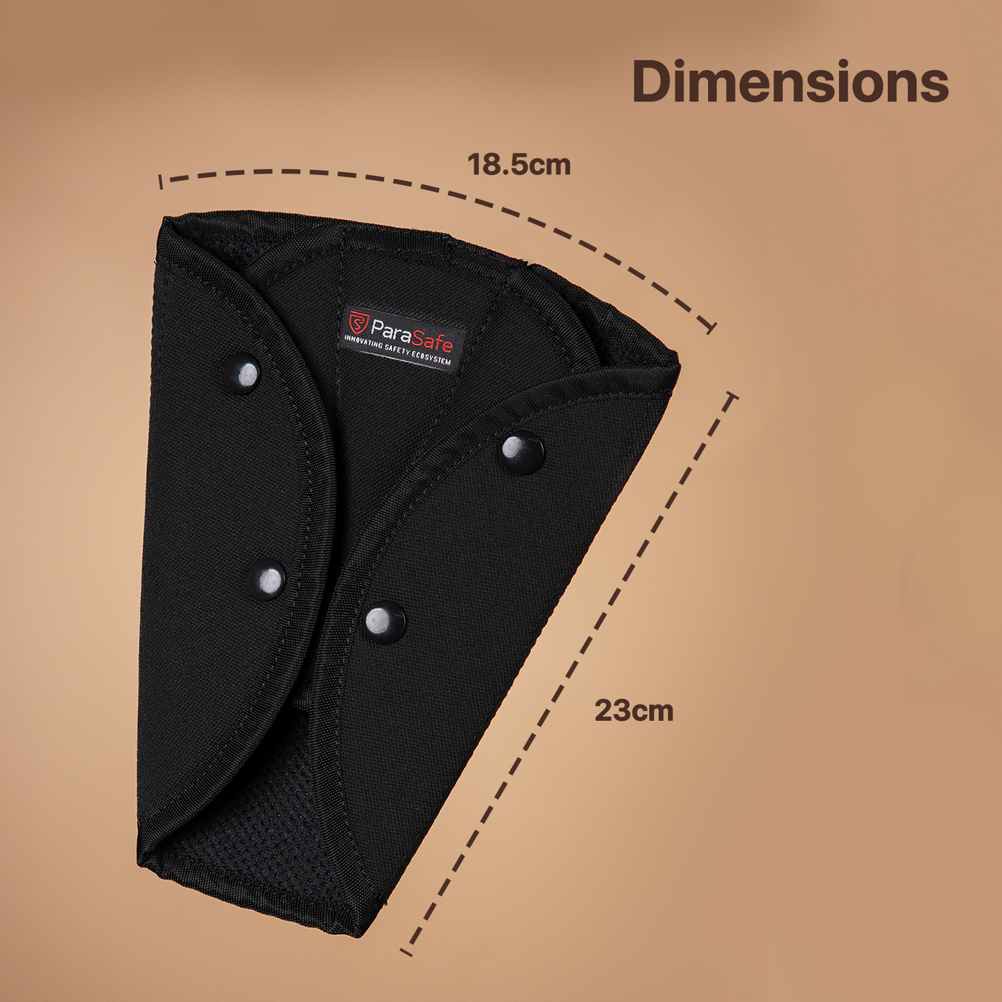 ParaSafe Black seat belt comforter with logo and dimensions on a brown background