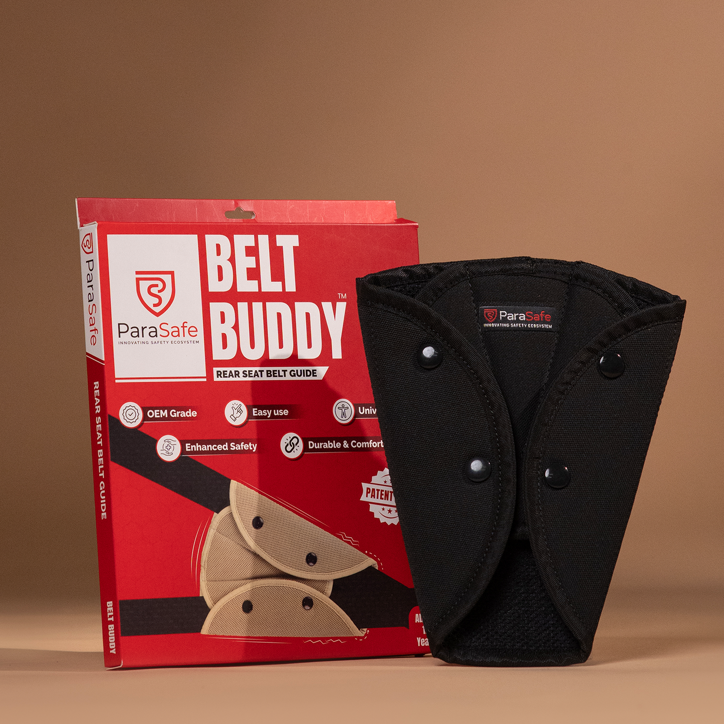 ParaSafe Black seat belt comfortor with red 'Belt Buddy' packaging on a brown background