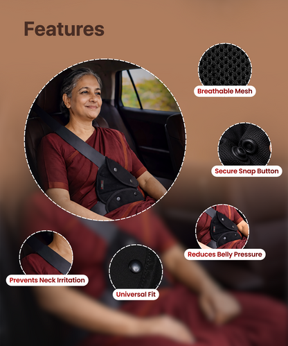 Woman using a ParaSafe car seat belt comforter with features highlighted on a brown background