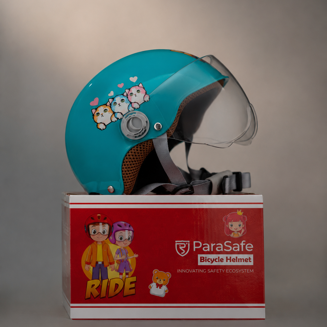 ParaSafe Sea-Green Children's bicycle helmet with cartoon designs on a ParaSafe branded box.