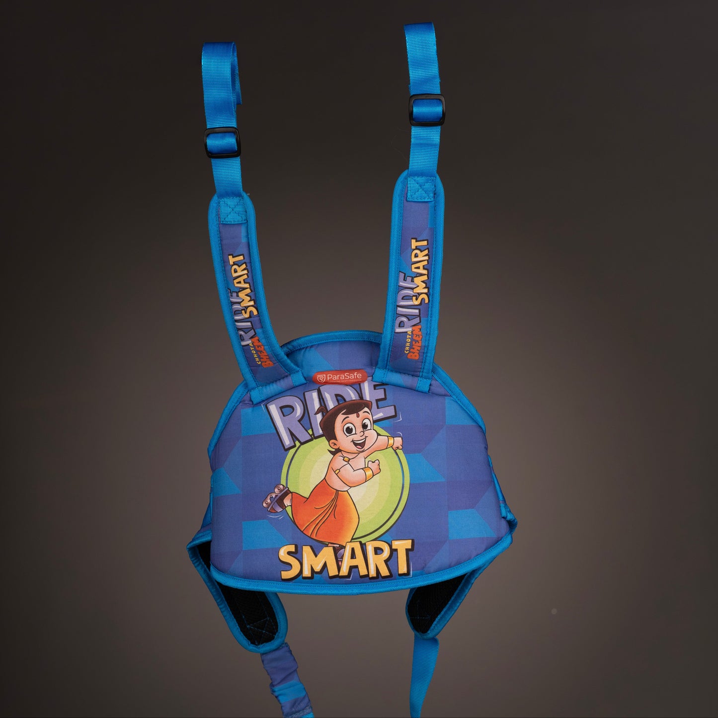 ParaSafe Blue safety harness with cartoon character on a dark background