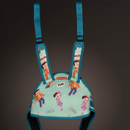 ParaSafe Light Blue Children's safety harness with cartoon character design on a dark background