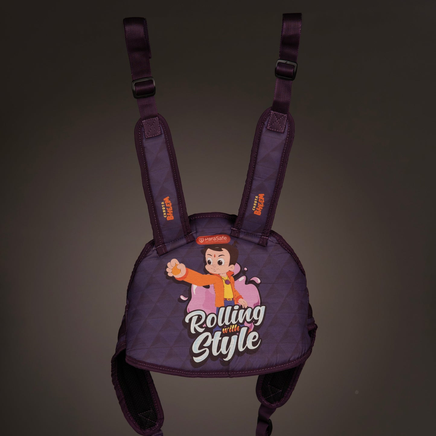 ParaSafe Purple Child Safety Harness with cartoon character and 'Rolling with Style' text on a dark background
