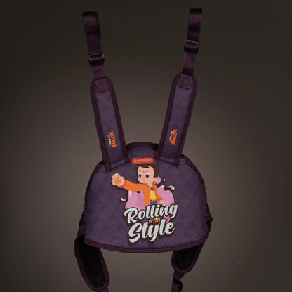 ParaSafe Purple Child Safety Harness with cartoon character and 'Rolling with Style' text on a dark background