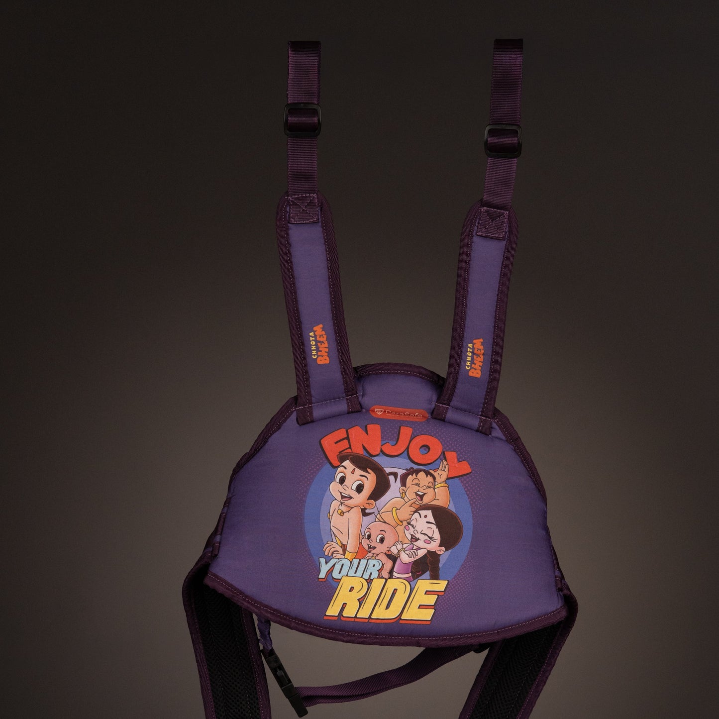 ParaSafe Purple children's safety harness with cartoon characters and text on a dark background