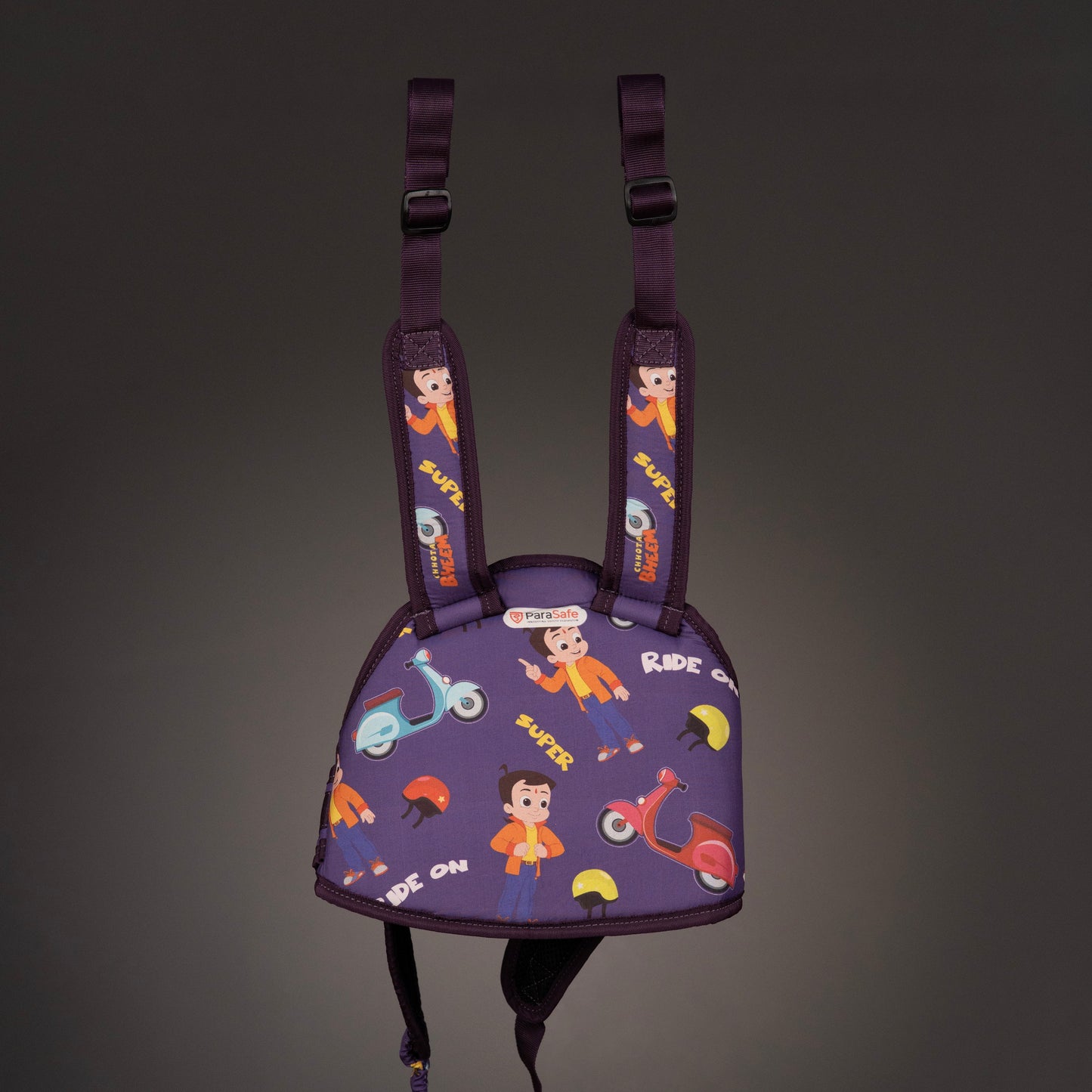 ParaSafe Puple Children's safety harness with cartoon character design on a dark background