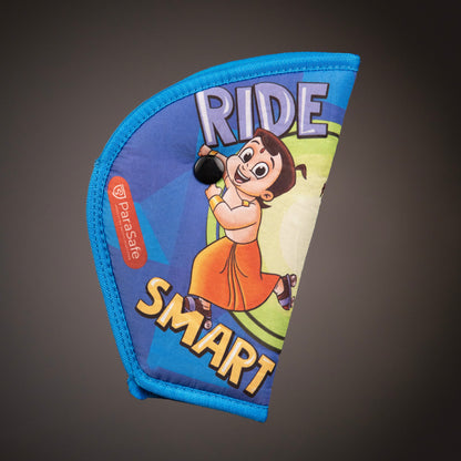 ParaSafe blue and purple seat belt comfortor with 'Ride Smart' text