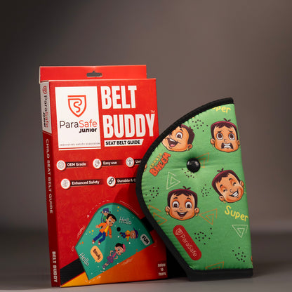 ParaSafe Buddy child seat belt guide with packaging on a gray background