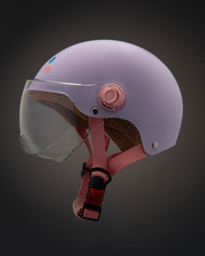 ParaSafe Light purple helmet with pink chin strap on a dark background