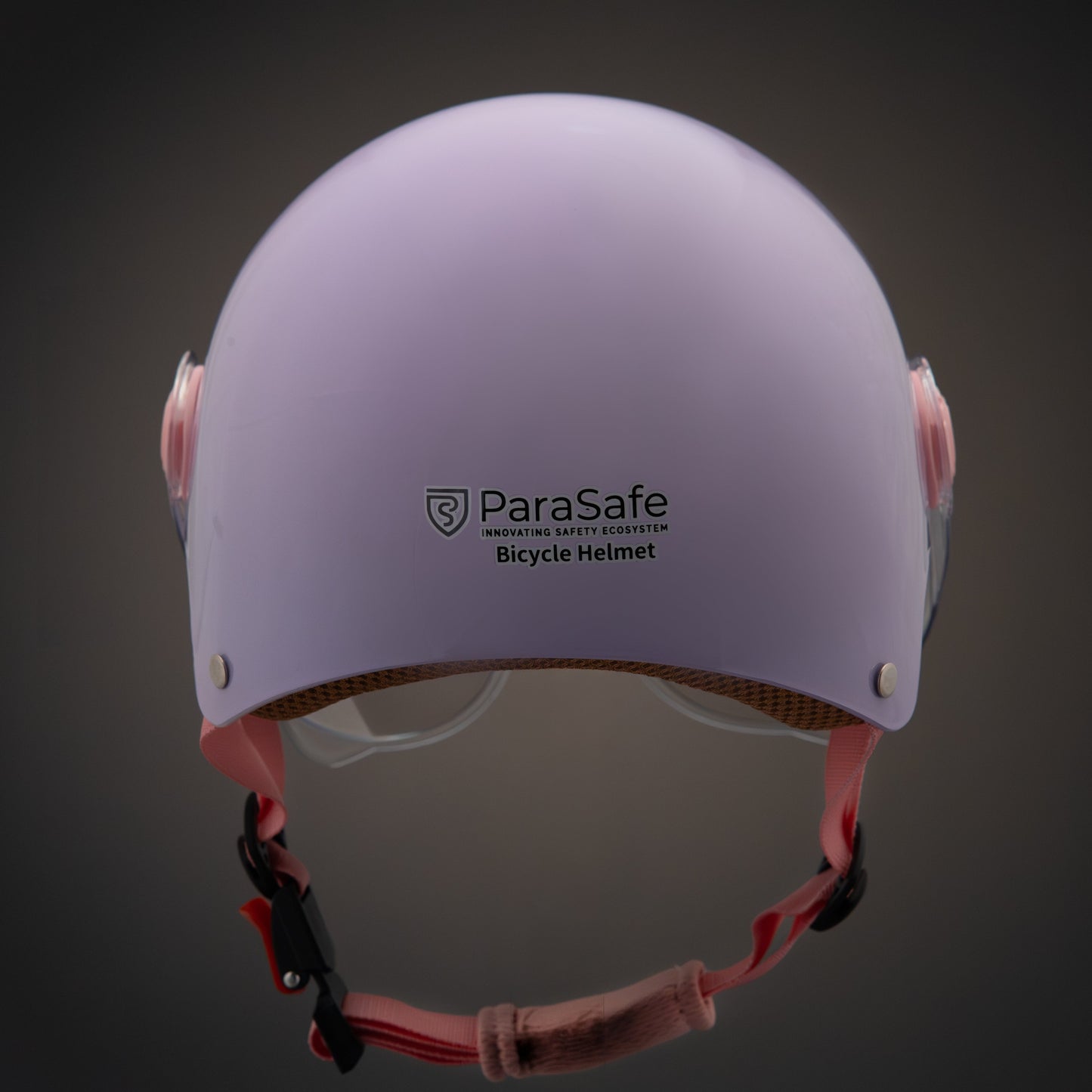 Purple bicycle helmet with 'ParaSafe' branding on a dark background