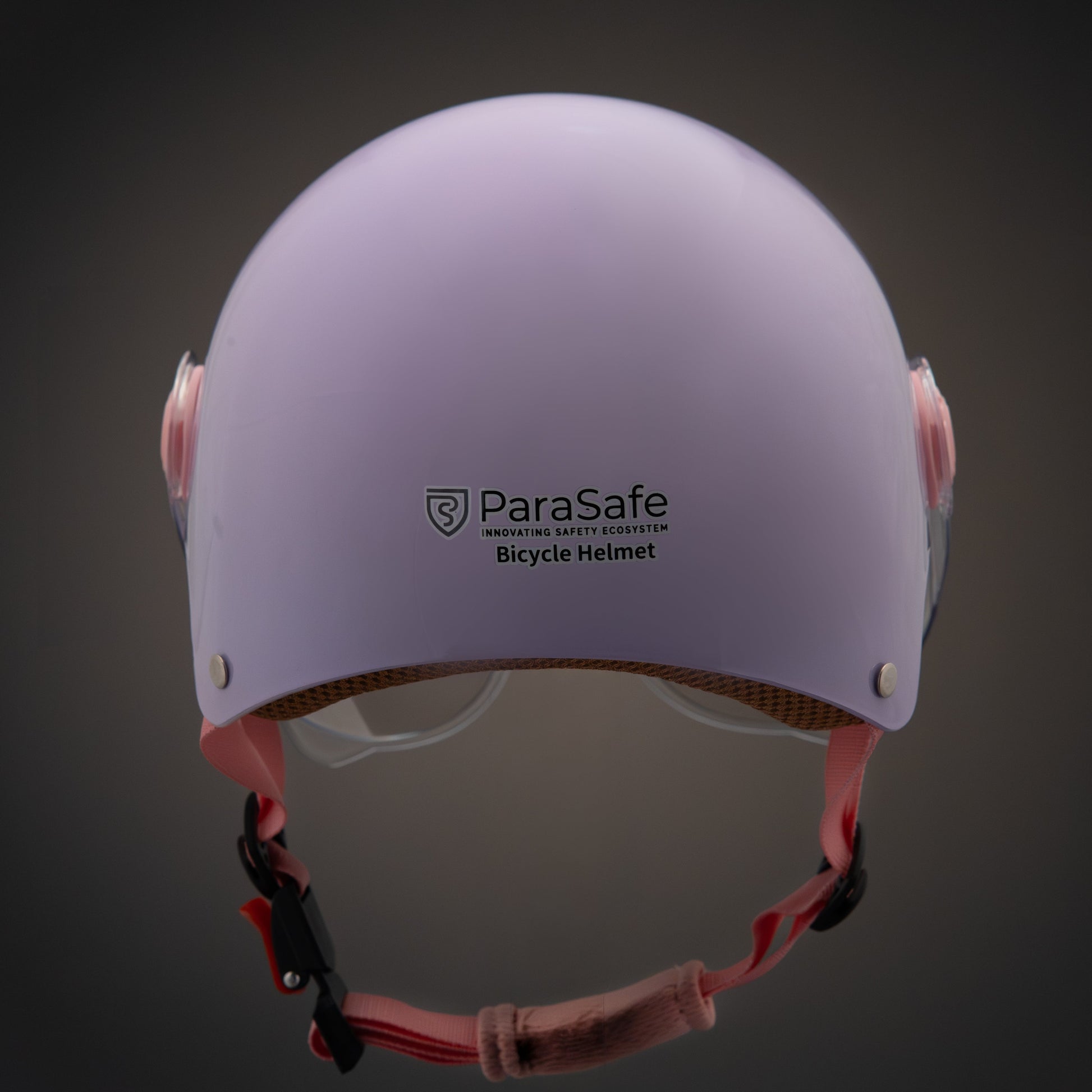 Purple bicycle helmet with 'ParaSafe' branding on a dark background
