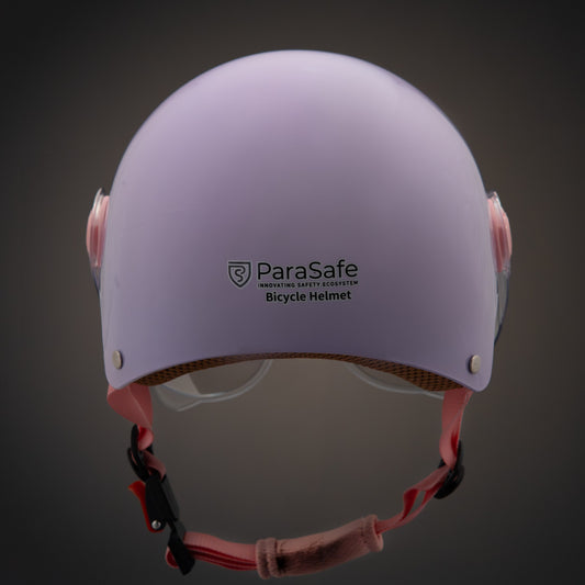 Purple bicycle helmet with 'ParaSafe' branding on a dark background