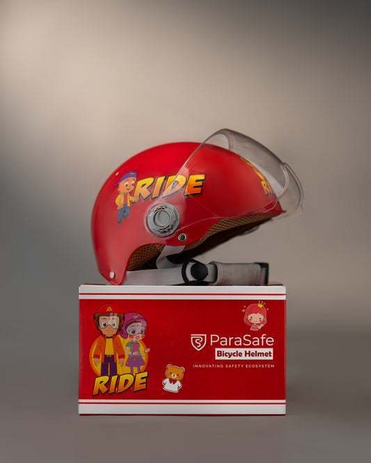 Red bicycle helmet with clear visor on a matching ParaSafe branded box against a gray background