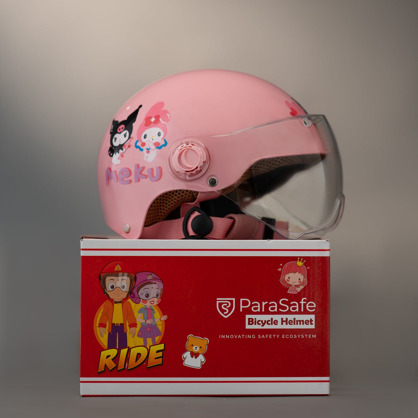 ParaSafe Pink children's helmet with cartoon designs on a ParaSafe branded box.