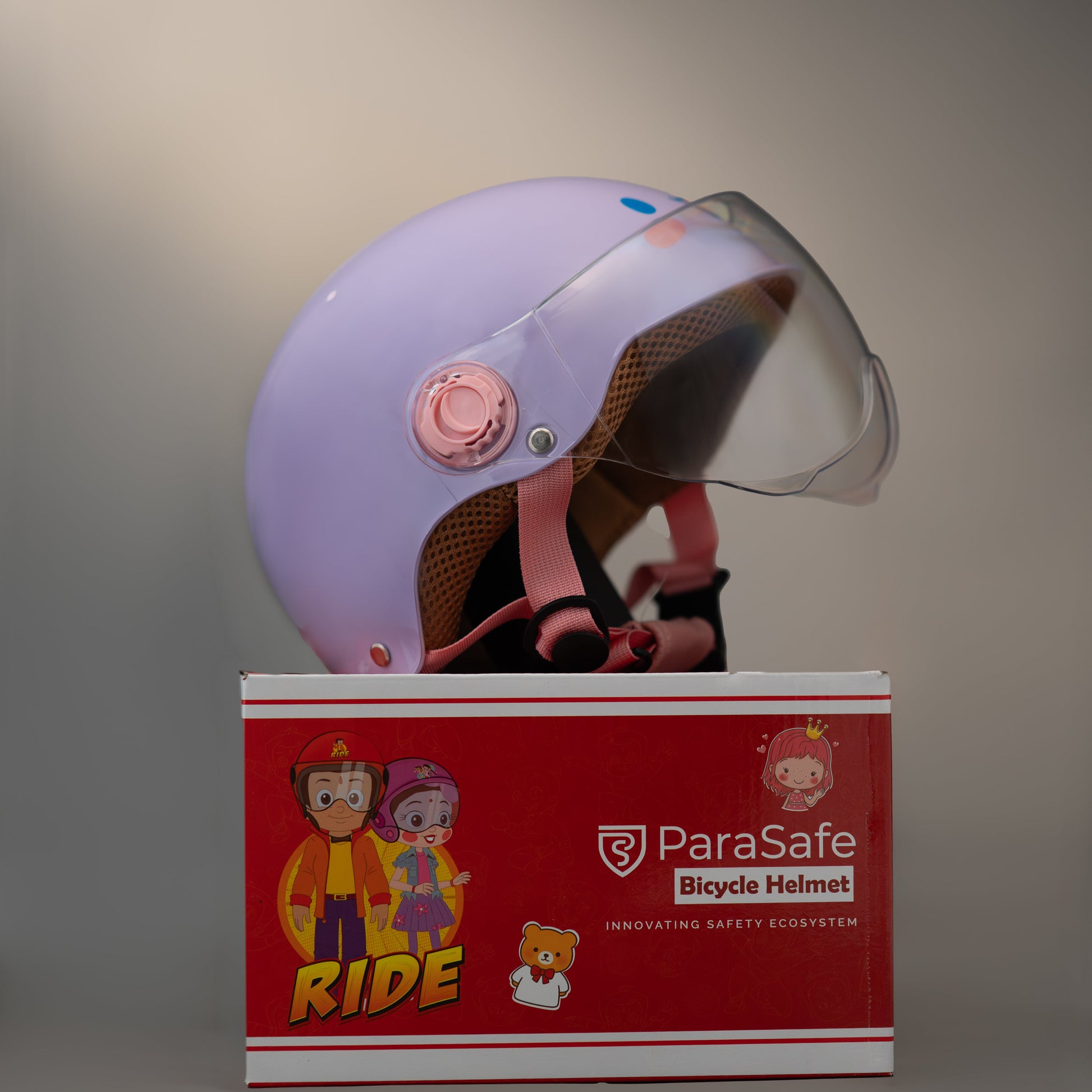 ParaSafe Purple Children's helmet with clear visor on a ParaSafe branded box