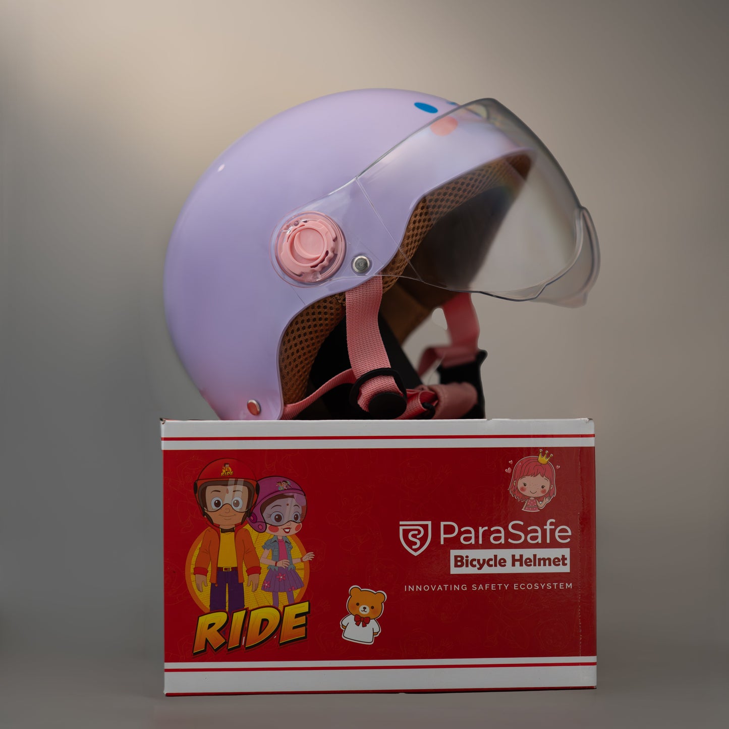 ParaSafe Purple Children's helmet with clear visor on a ParaSafe branded box