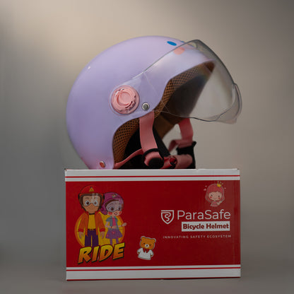 ParaSafe Purple Children's helmet with clear visor on a ParaSafe branded box