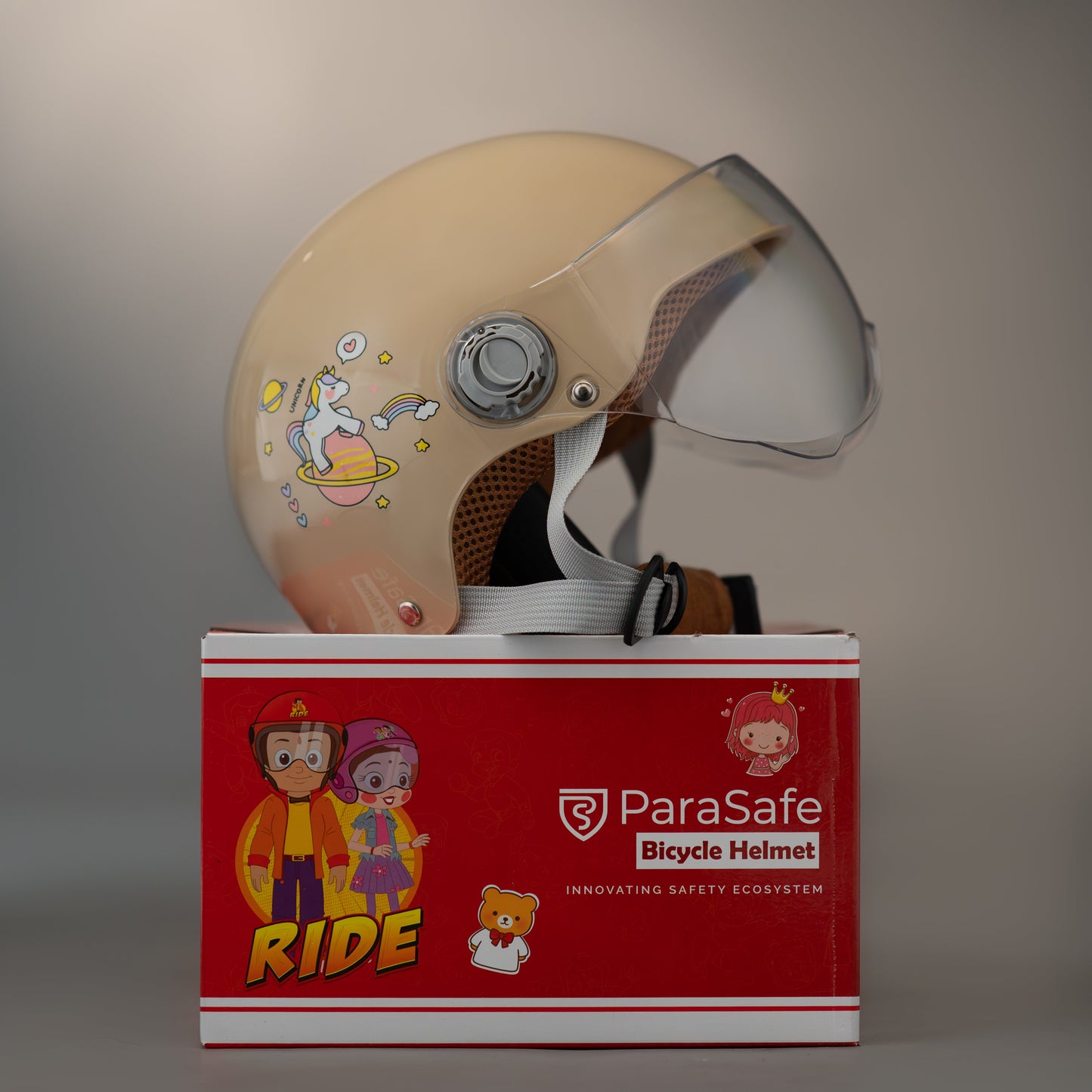 ParaSafe Beige bicycle helmet with clear visor on a red ParaSafe packaging box.