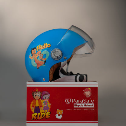 ParaSafe Blue children's bicycle helmet with cartoon designs on a red ParaSafe box.