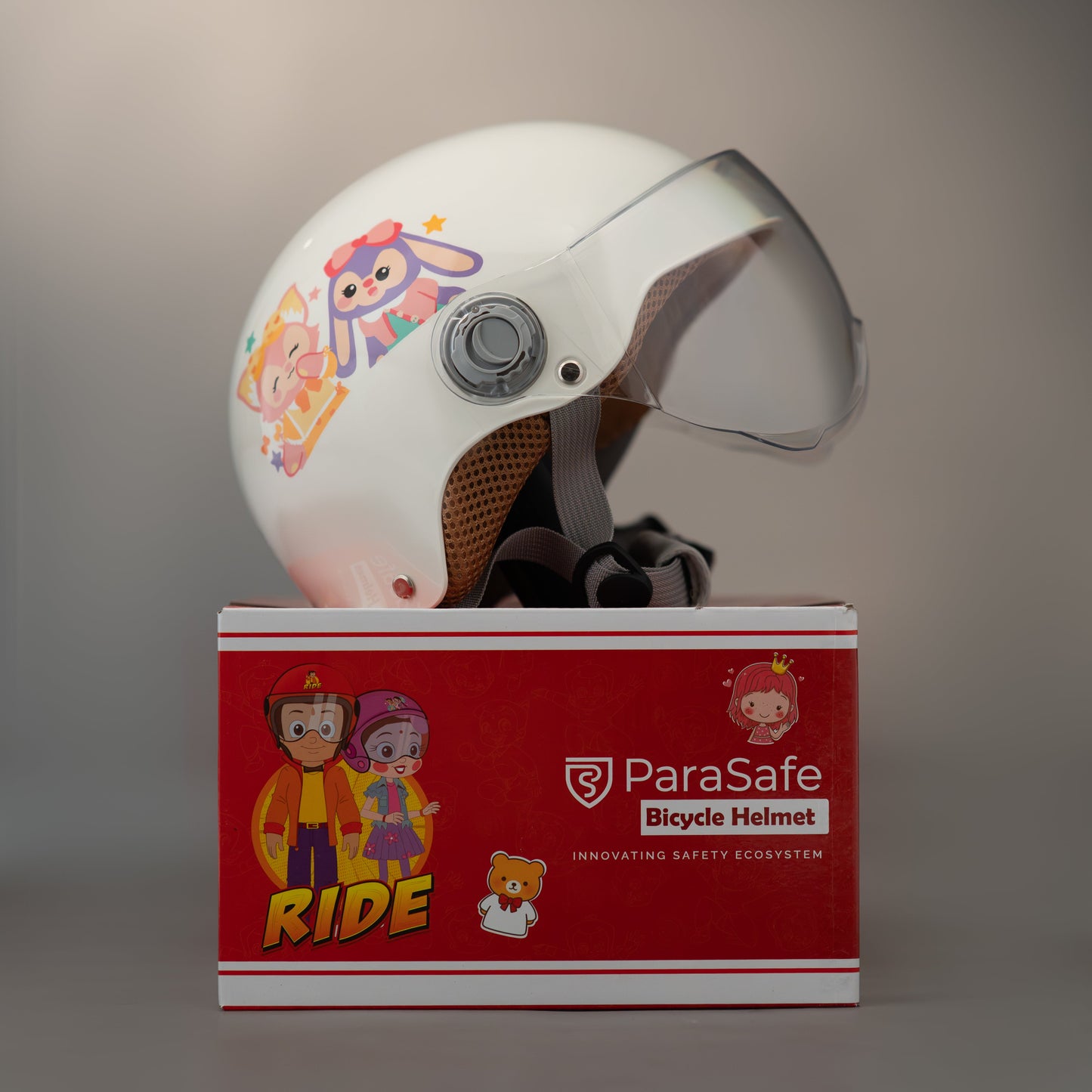 ParaSafe White bicycle helmet with cartoon designs on a red ParaSafe box