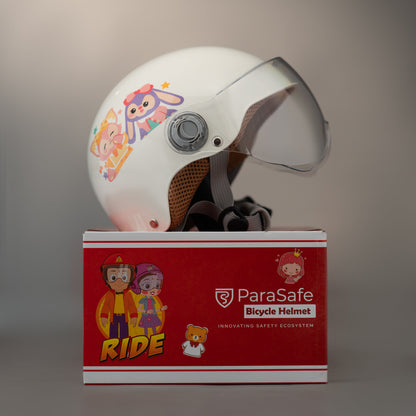 ParaSafe White bicycle helmet with cartoon designs on a red ParaSafe box