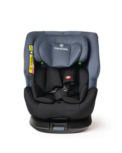 Gray and black ParaSafe car seat on a white background