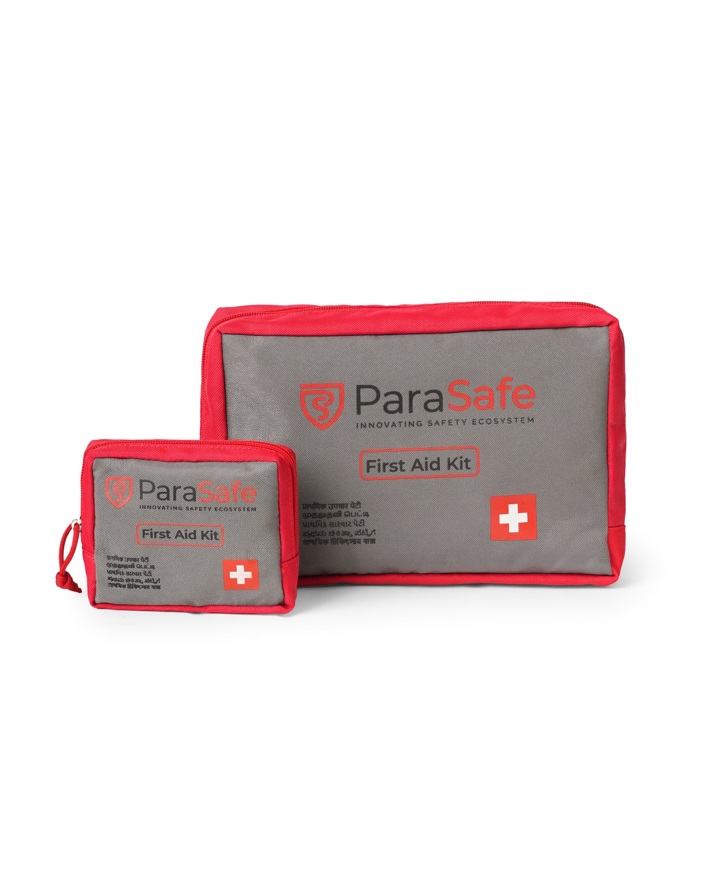 Two ParaSafe first aid kits, one large and one small, on a white background.