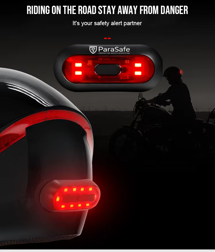 ParaSafe safety light system on a motorcycle and car in a dark setting with text 'Riding on the road, stay away from danger'.