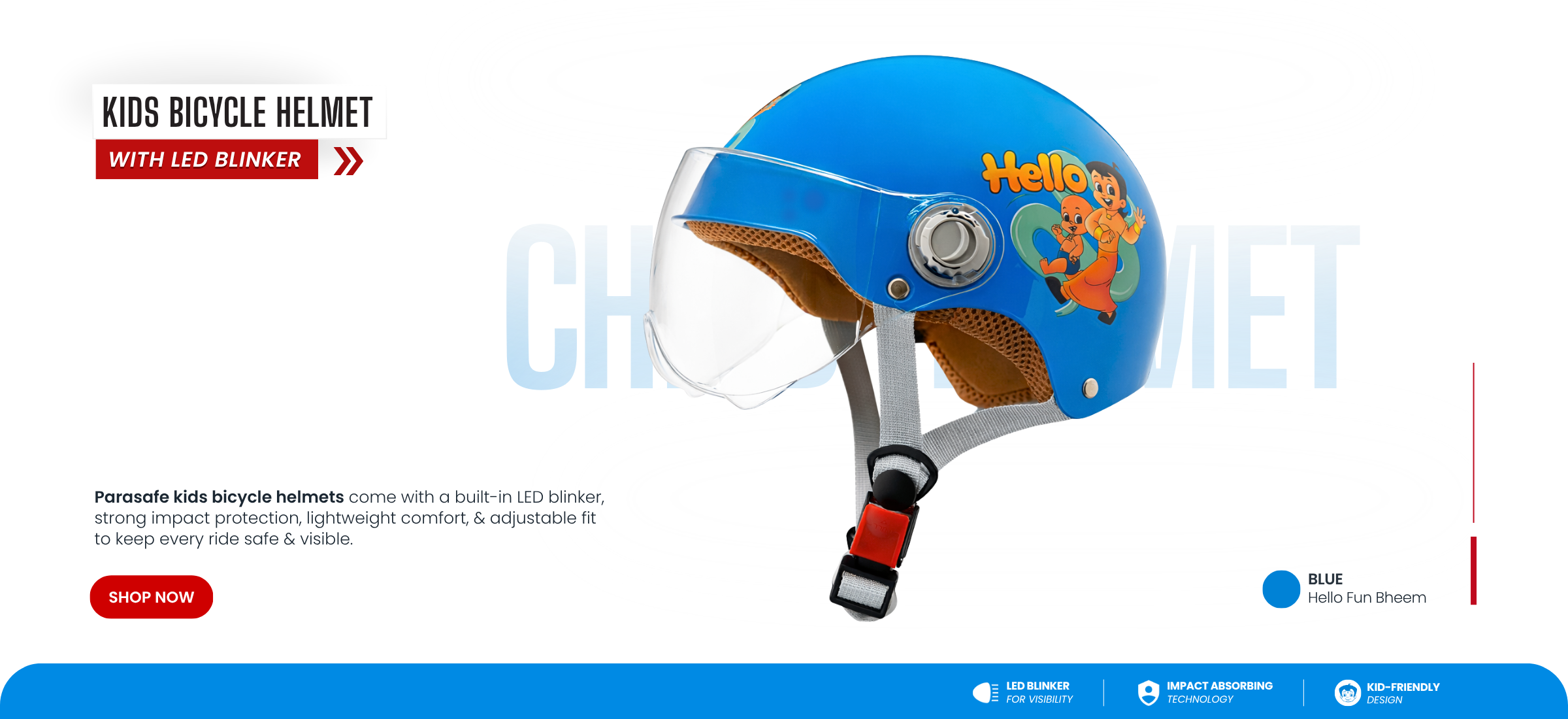 Blue children's bicycle helmet with a cartoon design on a white background