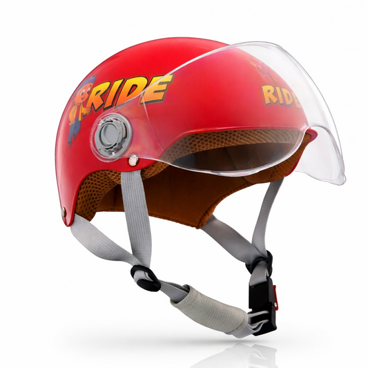 Parasafe Child Bicycle Red helmet with a clear visor on a white background