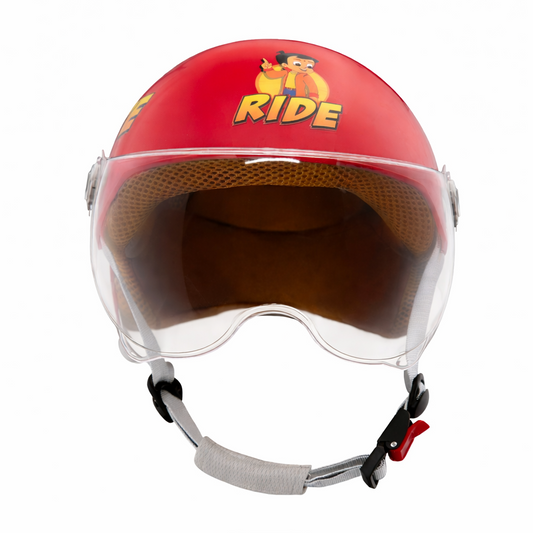 Parasafe Chota bheem Red helmet with a transparent visor and 'RIDE' logo on a white background