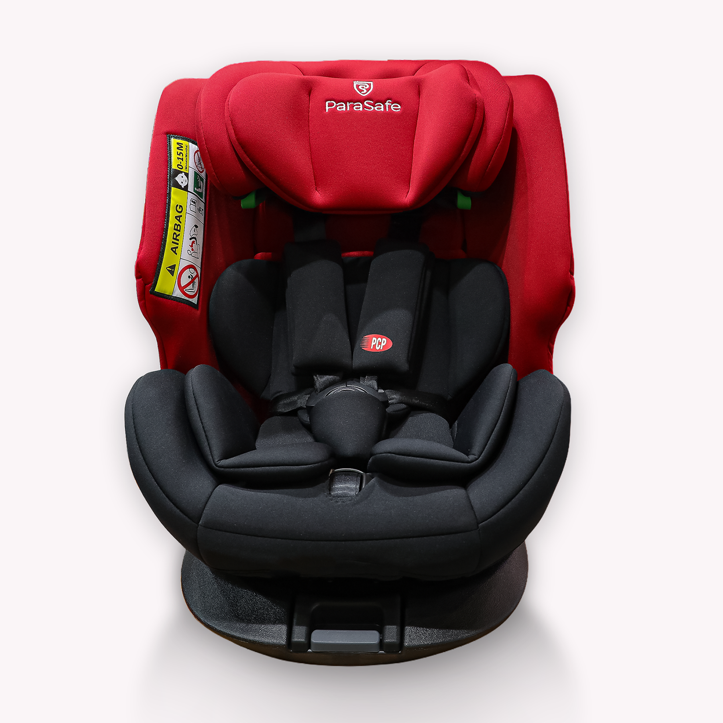 Red and black ParaSafe car seat on a white background