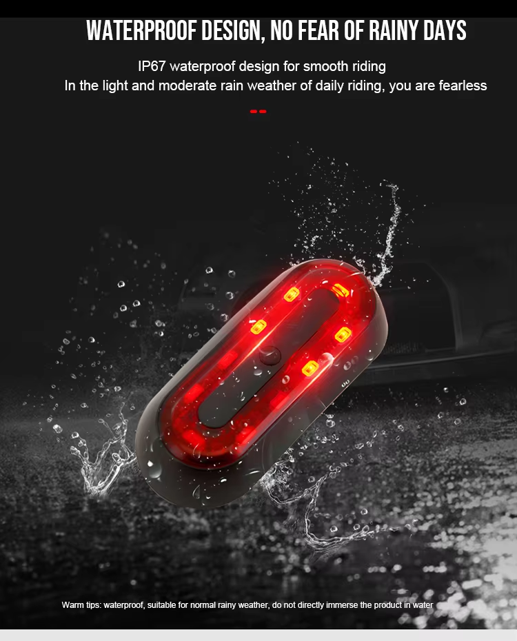 PARASAFE LED HELMET BLINKER light with water splashes on a black background, emphasizing waterproof design.