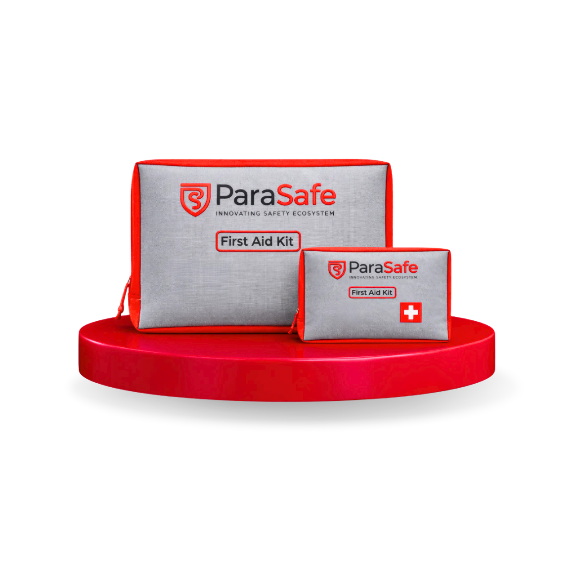 Two ParaSafe first aid kits on a red platform with a white background