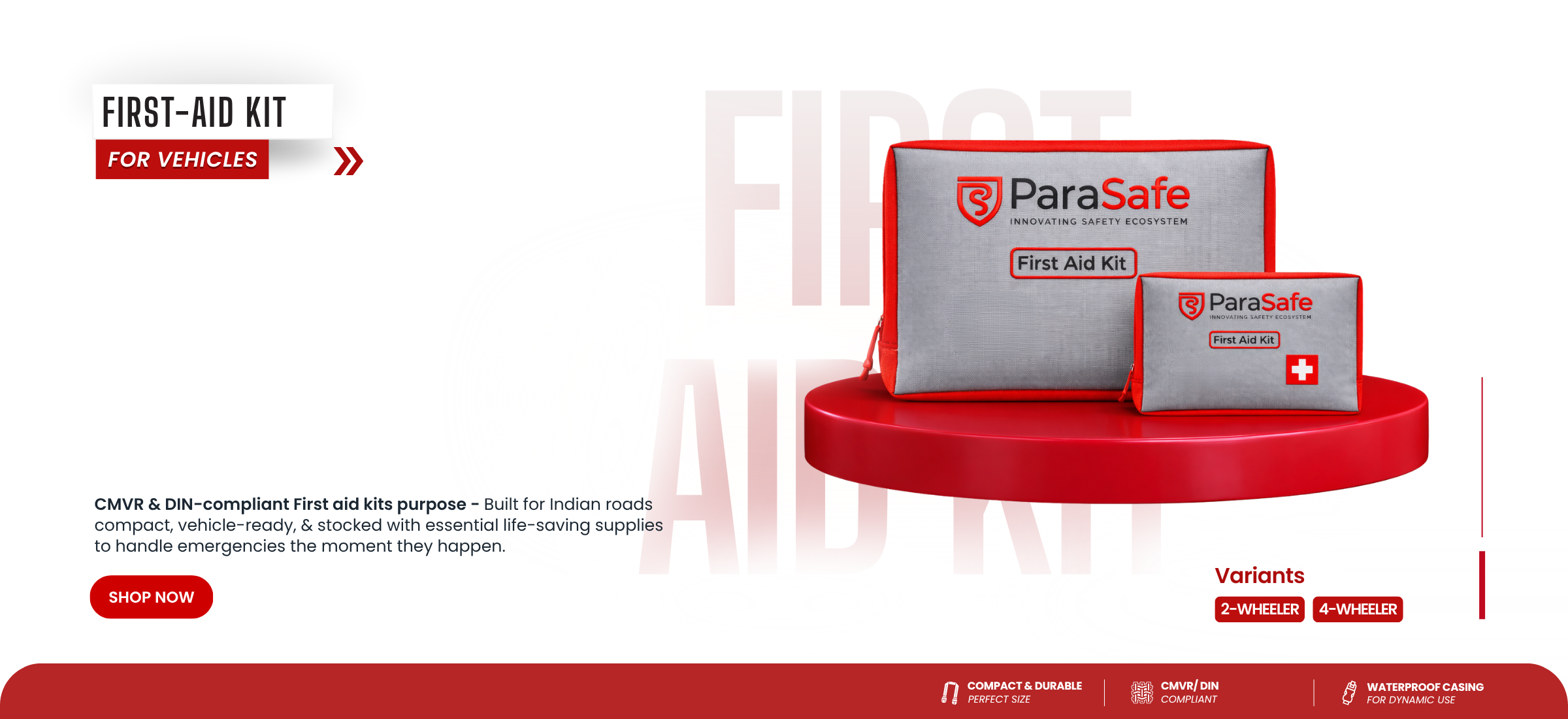 ParaSafe first aid kit for vehicles on a red platform with branding and product details.