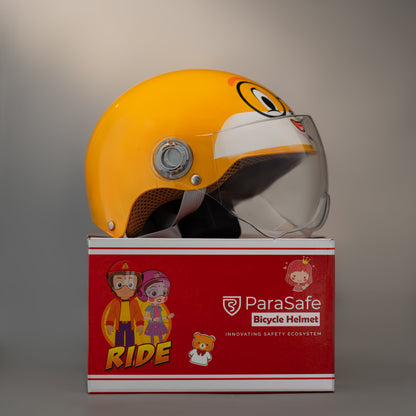 ParaSafe Yellow bicycle helmet with clear visor on a red ParaSafe box against a gray background