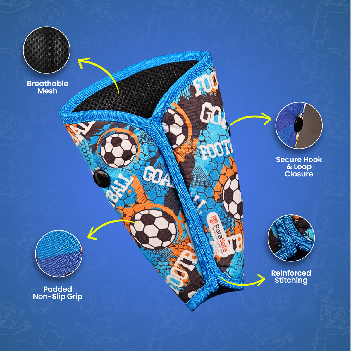 Blue soccer-themed ParaSafe Junior Belt Buddy car seat belt comforter shown with callouts highlighting its breathable mesh, padded non-slip grip, secure hook-and-loop closure, and reinforced stitching.